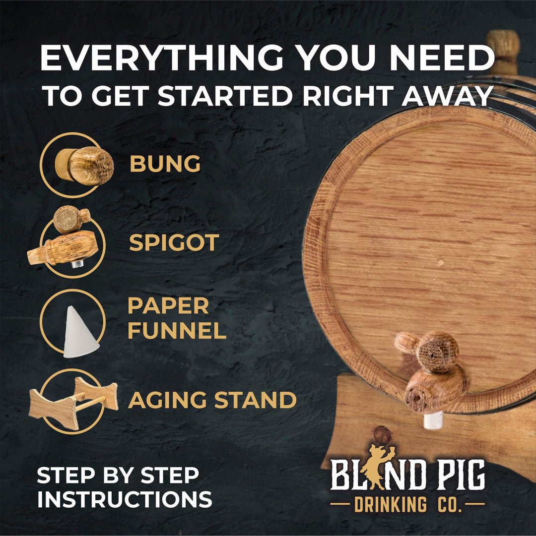 Authentic Charred Oak Aging Barrel - Age Your Own Spirits - Natural Oak With Black Hoops - Blind Pig Drinking Co.