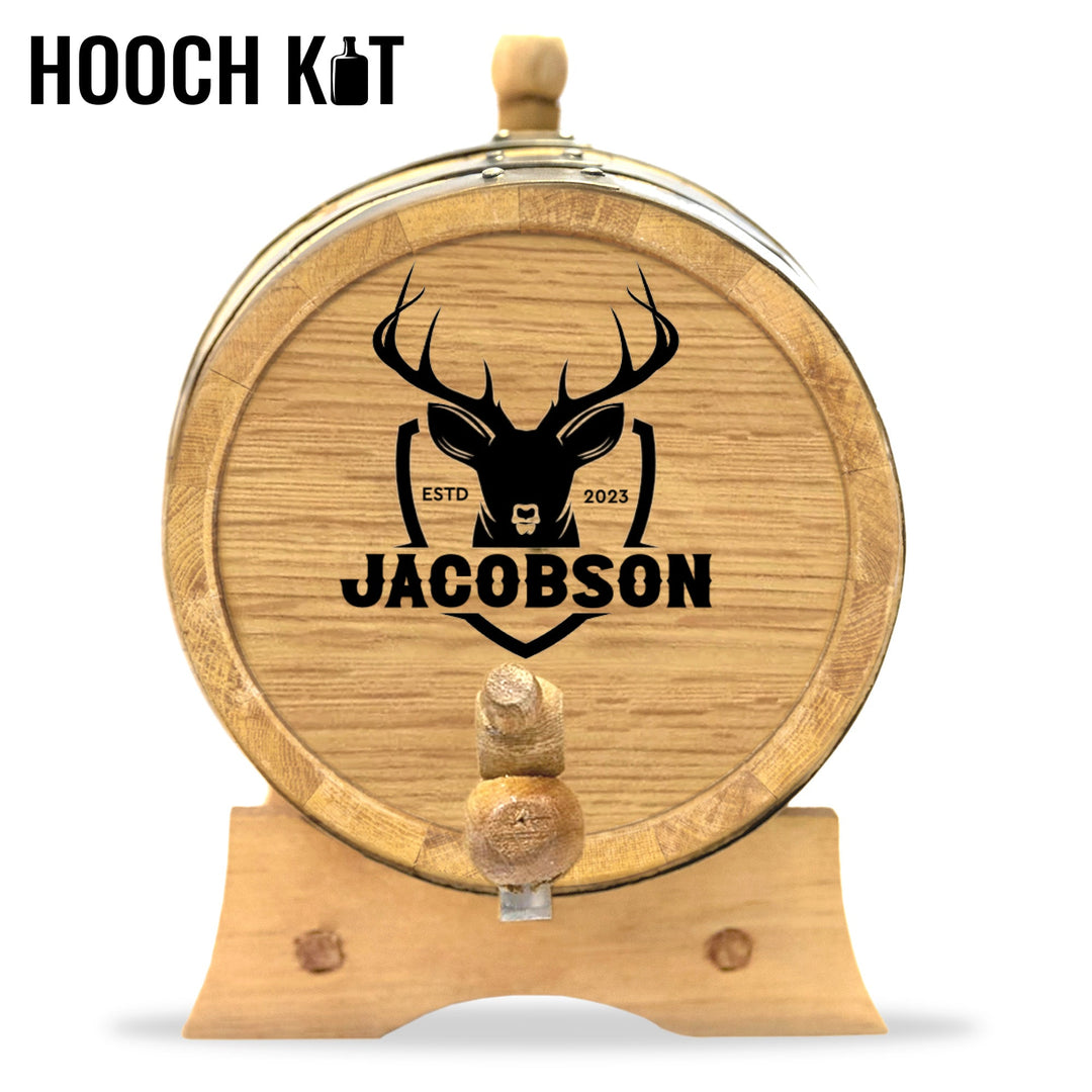 Oak Aging Barrel Kit | Personalized Small Oak Barrel with Deer Head Shield - Blind Pig Drinking Co.