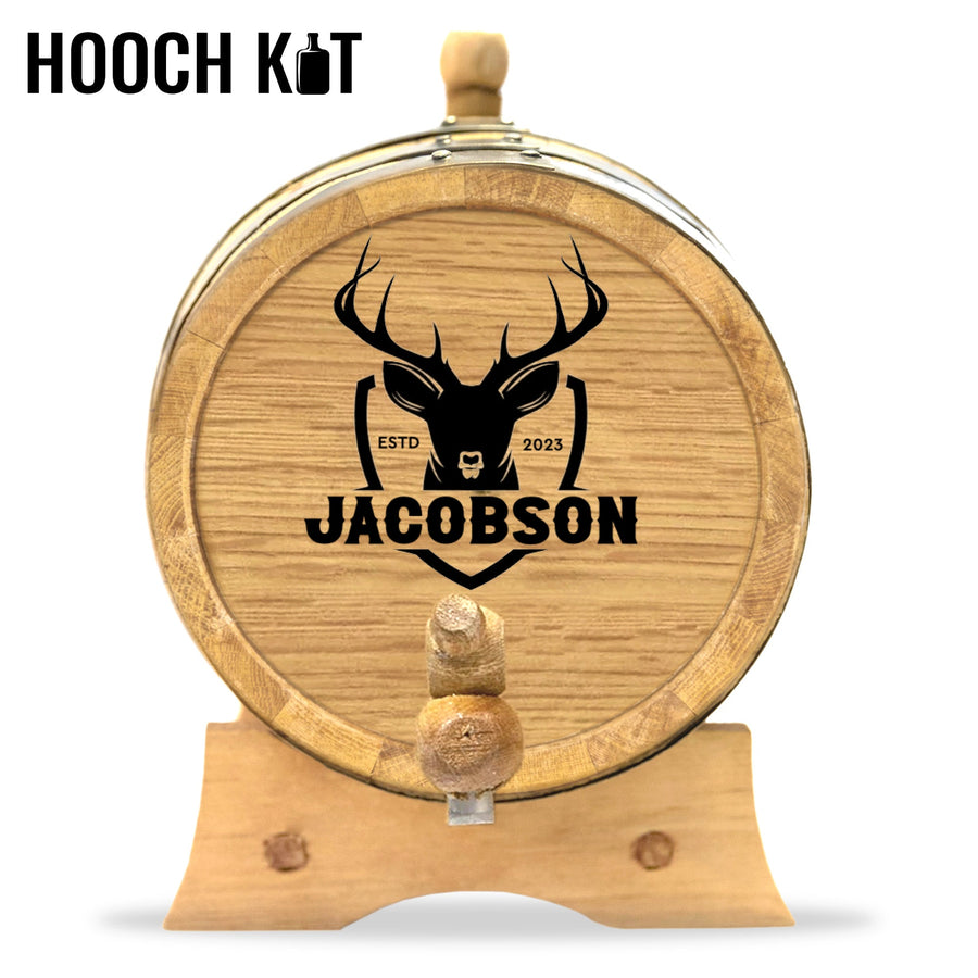 Oak Aging Barrel Kit | Personalized Small Oak Barrel with Deer Head Shield - Blind Pig Drinking Co.