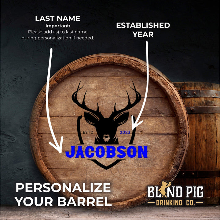 Oak Aging Barrel Kit | Personalized Small Oak Barrel with Deer Head Shield - Blind Pig Drinking Co.