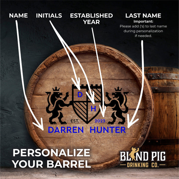 Oak Aging Barrel Kit | Personalized Small Oak Barrel with Lion Crest - Blind Pig Drinking Co.