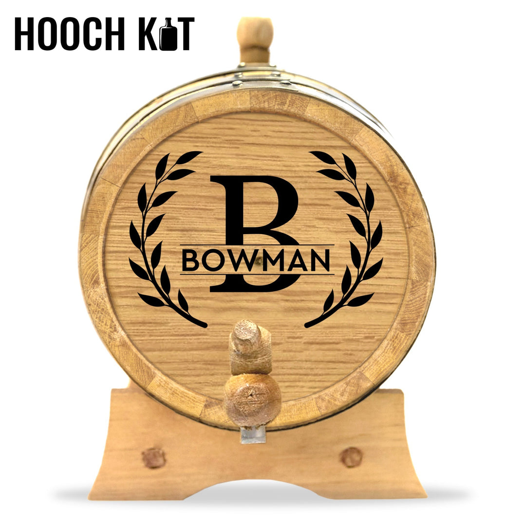 Oak Aging Barrel Kit | Personalized Small Oak Barrel with Wreath Monogram - Blind Pig Drinking Co.