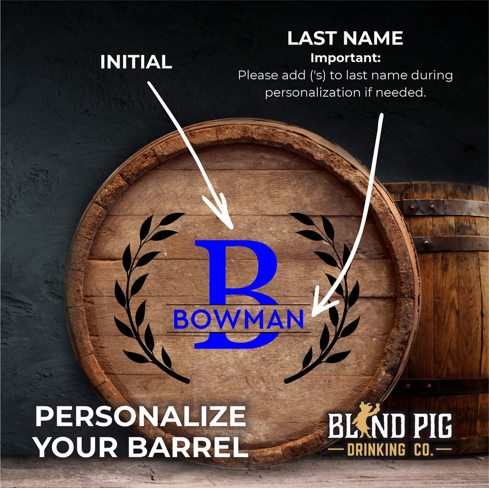 Oak Aging Barrel Kit | Personalized Small Oak Barrel with Wreath Monogram - Blind Pig Drinking Co.