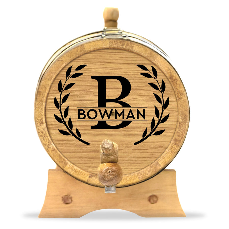 Personalized Bourbon Barrel for Aging Bourbon and Spirits | Wreath Split Monogram Series - Blind Pig Drinking Co.