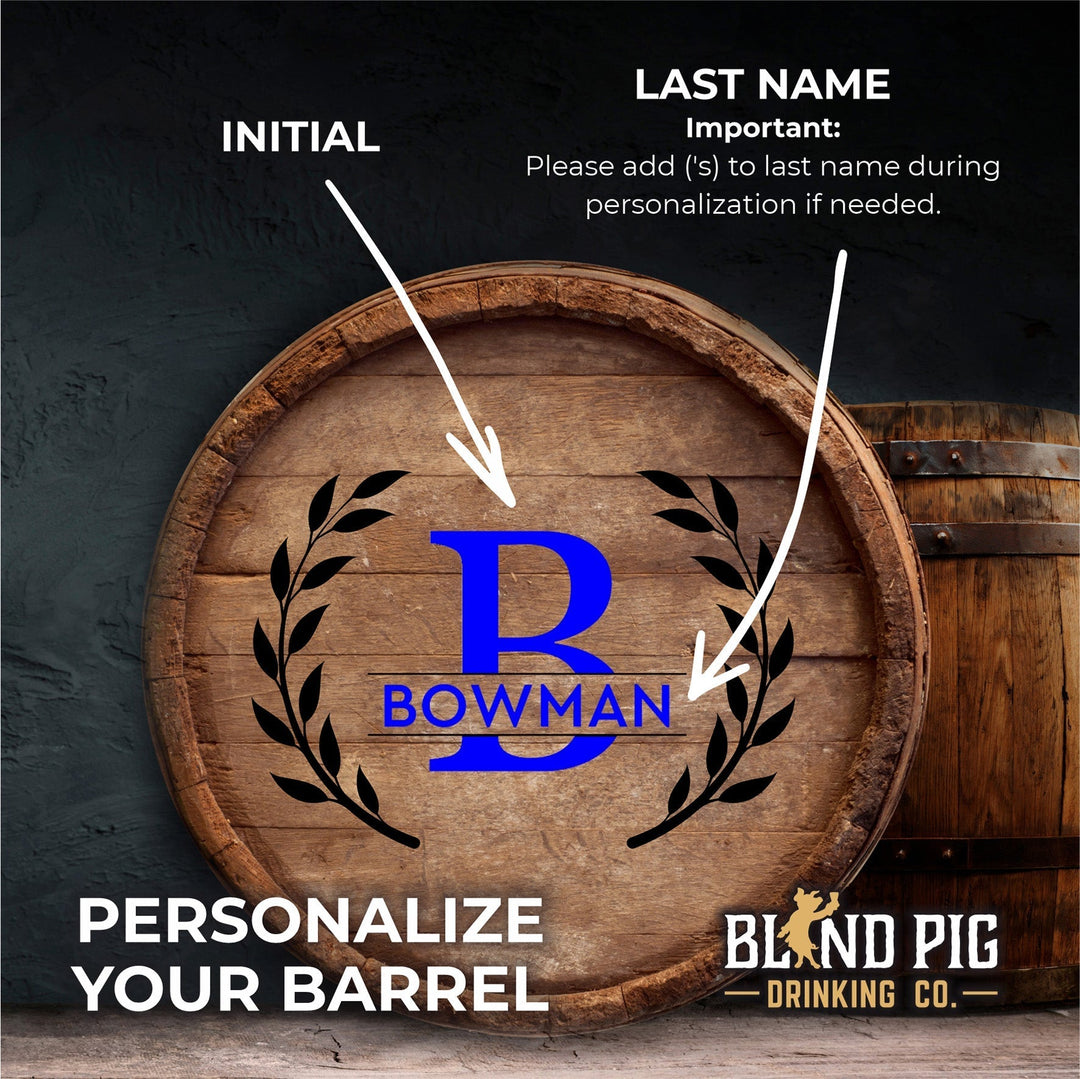 Personalized Bourbon Barrel for Aging Bourbon and Spirits | Wreath Split Monogram Series - Blind Pig Drinking Co.