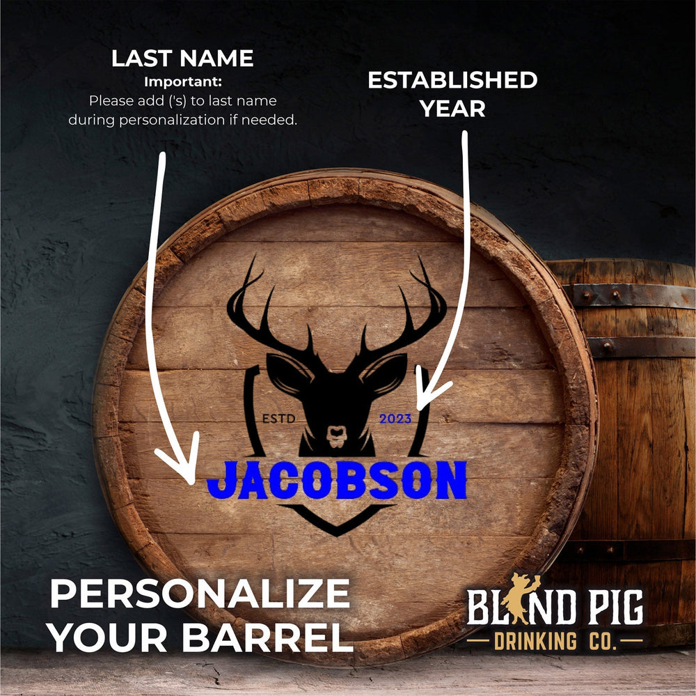 Personalized Small Oak Barrel for Aging Cocktails - Deer Head Shield - Blind Pig Drinking Co.