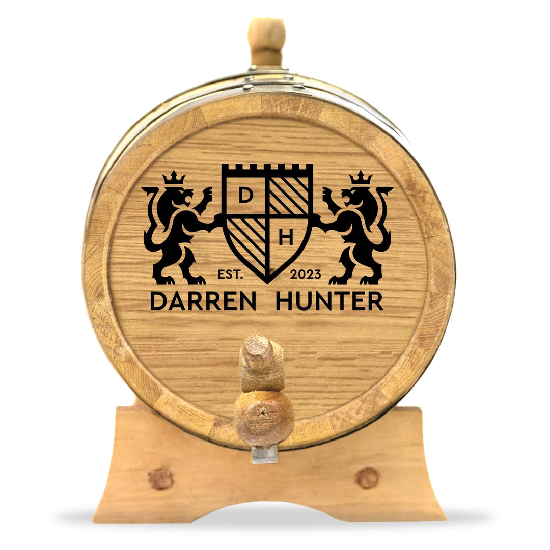 Personalized Small Oak Barrel for Aging Cocktails - Lion Crest - Blind Pig Drinking Co.