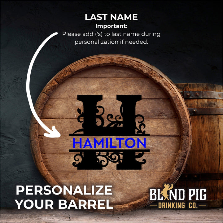 Personalized Small Oak Barrel for Aging Cocktails - Split Monogram - Blind Pig Drinking Co.