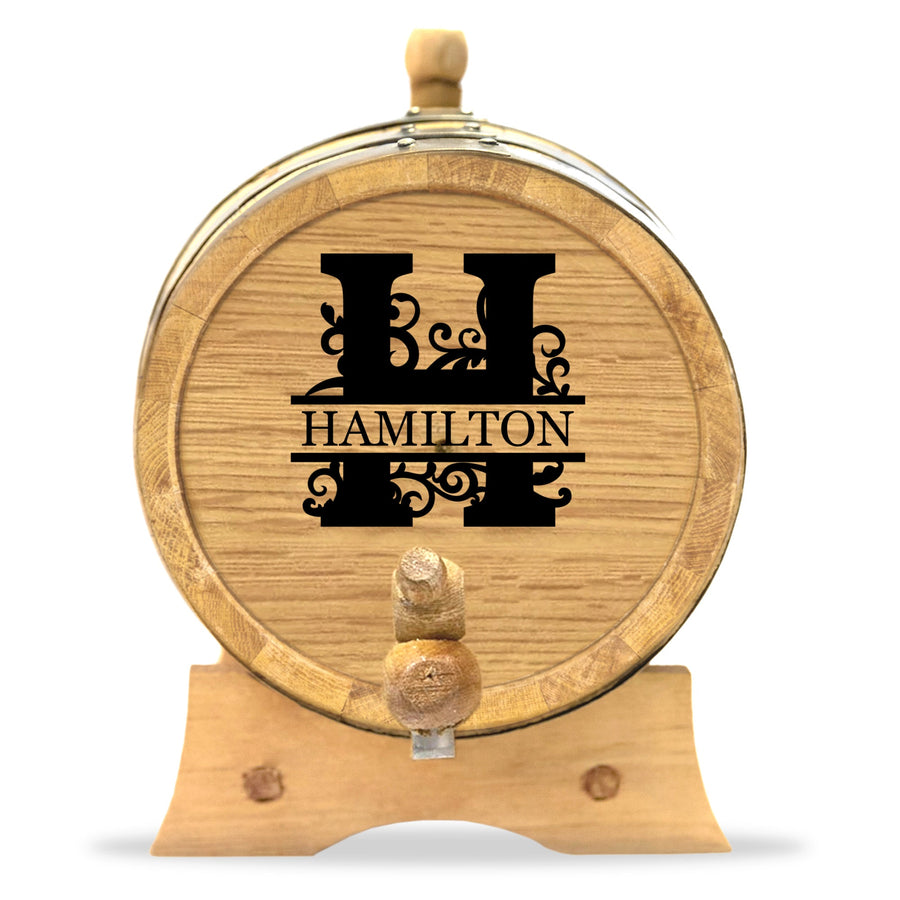 Personalized Small Oak Barrel for Aging Cocktails - Split Monogram - Blind Pig Drinking Co.