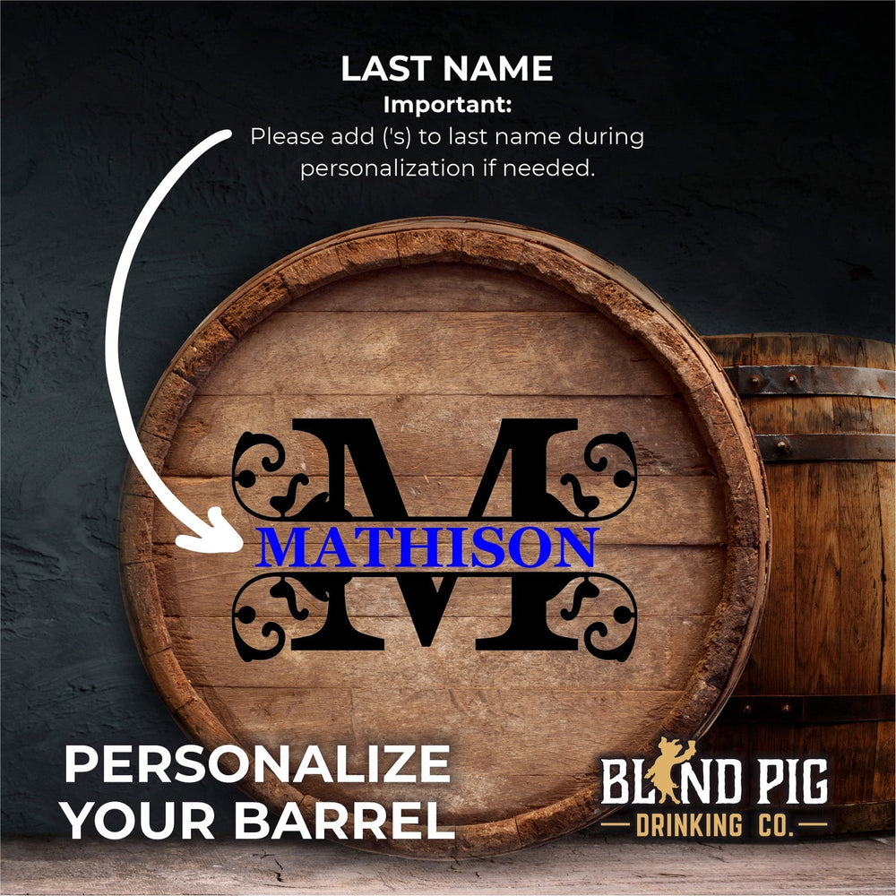 Personalized Small Oak Barrel for Aging Cocktails - Split Monogram - Blind Pig Drinking Co.